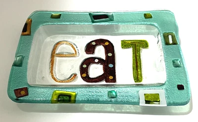 Lori Siebert For Silvestri Hand Blown Glass Tray Plate "EAT" Word Art Colorful - Image 1 of 4