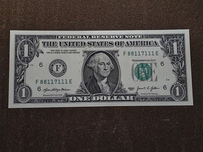 2021 $1 fancy serial number F88117111E trinary UNC 5 of kind 1s with pair of 8s - Image 1 of 4