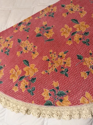 Mantel 58" Rojo Naranja Verde Estampado Floral Redondo Borde Ganchillo Hecho a Mano De Colección Foto 1 de 4