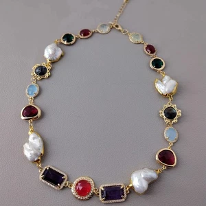 Multi Color Stone Crystal 15x25mm Cultured White Pearl Choker Necklace Jewellery - Picture 1 of 10