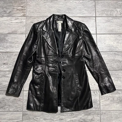 Chaqueta Abrigo Bebe De Colección Cuero Genuino Para Mujer Talla XS Negra Pecho Único Y2K Foto 1 de 4