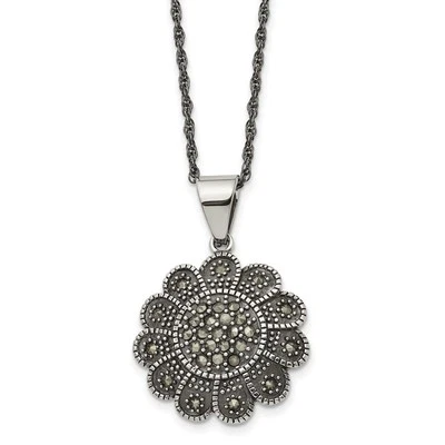 Stainless Steel Antiqued and Polished Marcasite Flower 20in Necklace - Image 1 of 4