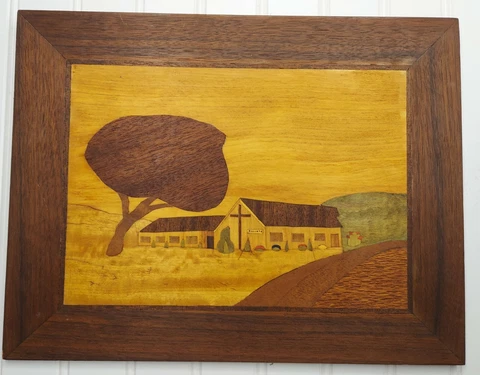 Vtg 1979 Artisan "Pete" Wood Marquetry Wall Art Inlaid Country Church 10.5"x14" Cover