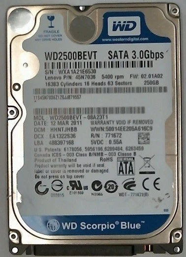 250 GB SATA Western Digital Scorpio Blue WD2500BEVT-08A23T1 2,5" Festplatte - Bild 1 von 1