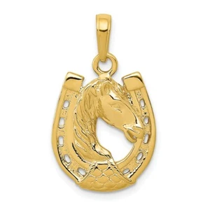 Real 14kt Yellow Gold Solid Polished Horse Head in Horseshoe Pendant - Picture 1 of 5