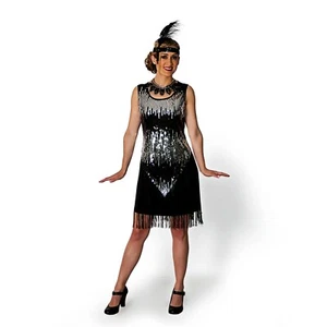 Flapper Dress 20's-30's Era Dxl Black/Silver Sequin & Fringe Dress W/ Necklace - Picture 1 of 1