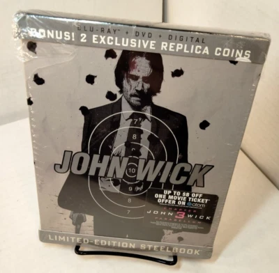 John Wick Limited Edition Steelbook (Blu-ray + DVD) NEW+2 Replica Coins-Box S&H - Image 1 of 4