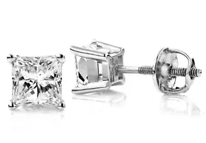 4 Ct Princess Cut VVS1/D Lab Created Stud Earrings 7mm 14k White Gold Screw Back