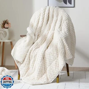Wemore Fleece Weighted Blanket for Adults (60" x 80" 15lbs, Cream White), Dua - Picture 1 of 5