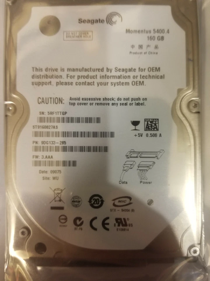 Seagate ST9160827AS PN 9DG133-285 FW 3.AAA Date 09075 WU 160GB SATA 2.5" HD - Image 1 of 2