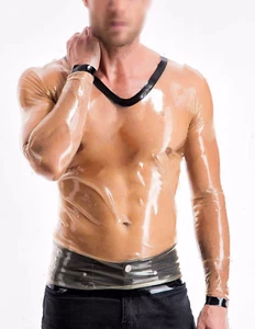 Men latex gummi tops transparent latext-shirt black trims long sleeve - Picture 1 of 4