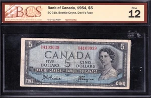 Canada 1954 $5 Five Dollar Devils Face Banknote Beattie - Coyne BCS Graded F-12 - Picture 1 of 2