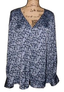 Lane Bryant - Blue Allover Floral Button-Up Satin Tunic - Women's Size 18/20 - Picture 1 of 3