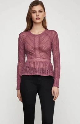 Blusa Top BCBGMAXAZRIA Manga Larga Mezcla Encaje Rosa Malva Volantes Mediana Foto 1 de 4