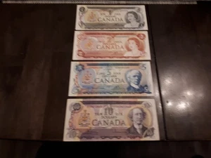 CANADIAN 1, 2, 5, & 10 DOLLAR BILLS - 1,2,5 UNCIRCULATED 10 LIGHTLY CIRCULATED - Picture 1 of 5