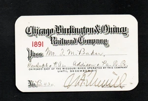 1891 Chicago, Burlington & Quincy Railroad Train Pass - Picture 1 of 2
