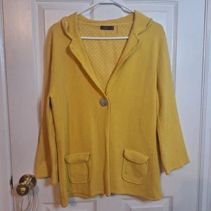 Escio Mustard Yellow Knit Cardigan Sweater Abalone Shell Snap Coastal Size M - Picture 1 of 12