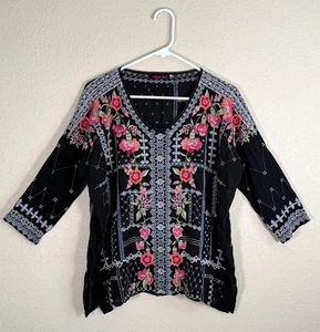 Blusa Johnny Was Clavel Floral Bordada Cuello en V Talla XS Negra Boho - Imagen 1 de 14