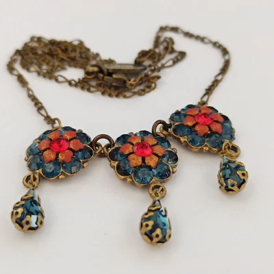 Collar Michal Negrin Araña Azul Rojo Babero Flores Cristales Brillantes Regalo 20" Foto 1 de 4