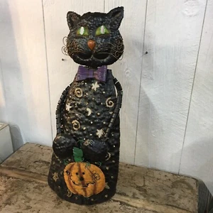 Metal Black Halloween Cat Art Statue Pumkin Jack-O-Lantern Whimsical - Picture 1 of 7