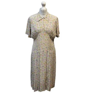 Vintage 1930s 1940s Tea Dress Floral Green & Pink Short Sleeve Midi 12 - Picture 1 of 4