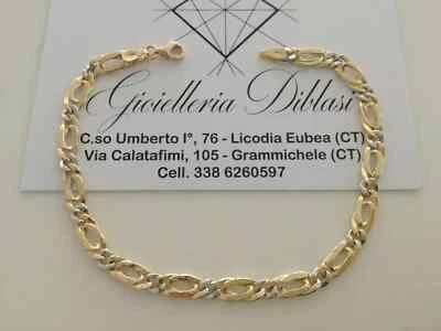 18K YELLOW WHITE GOLD BRACELET 5mm SQUARED FIGARO GOURMETTE ALTERNATE 1+1, 8.3" - Image 1 of 4