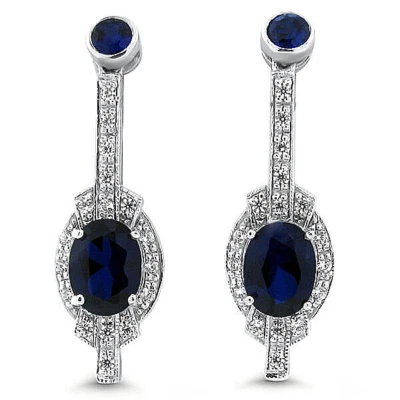 ANTIQUE STYLE 925 STERLING SILVER LAB-CREATED SAPPHIRE & CZ ACCENT EARRINGS #608 - Image 1 of 2