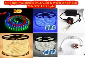 LED Strip 220V 240V 5050 SMD IP67 Waterproof Lights Rope White Blue RGB UK plug - Picture 1 of 9