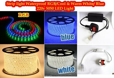 LED Strip 220V 240V 5050 SMD IP67 Waterproof Lights Rope White Blue RGB UK plug - Image 1 of 3
