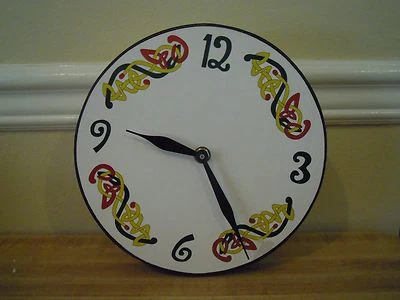 Irish Bodhran Drum Shaped Clock Hand Stenciled Celtic Knot w/ Leather Detail DMG - Image 1 of 4