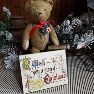 OLD PRIMITIVE VICTORIAN ANTIQUE VINTAGE STYLE MERRY CHRISTMAS WISH SCRIPT SIGN - Picture 1 of 8