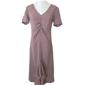 Zara Womens Dress Size S Pink Striped V Neck Center Slit Casual Midi A Line - Picture 1 of 6