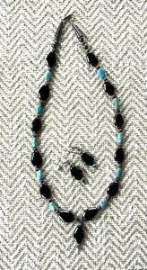 VTG Set SW Black Onyx Turquoise Sterling Silver Necklace/Pierced Earrings 20" - Picture 1 of 9