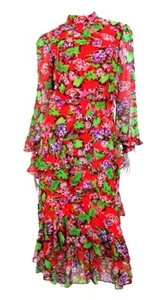 SALONI ISA ROT BLUMENDRUCK STUFEN RÜSCHEN SEIDE CHIFFON MIDIKLEID GR.2 - Bild 1 von 4