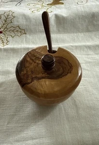 Olive Wood Handcrafted Bowl W/ Spoon And Lid “ VTG New”unused Tea Nuts Sugar Etc - Picture 1 of 13