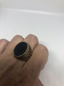 Vintage Golden Stainless Steel Size 10 Men's Genuine Black Onyx Ring