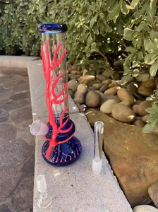 10" Hookah Glow In The Dark Red Vein Glass Bong Smoking Water Pipe + 14mm Bowl - Picture 1 of 10