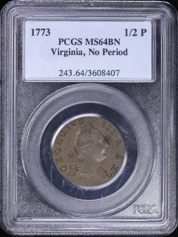 1773 Colonial Virginia Half Penny PCGS MS 64 BN | No Period Uncirculated UNC BU Cover