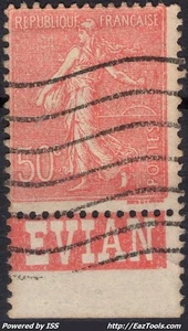 FRANCE SEMEUSE N° 199 AVEC BANDELETTE PUB EVIAN AVEC OBLITERATION - Picture 1 of 2