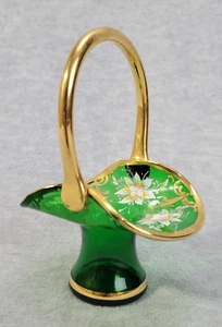 Venetian Bohemian Czech Art Glass Green Basket Enameled Applied Flowers Signed - Picture 1 of 9