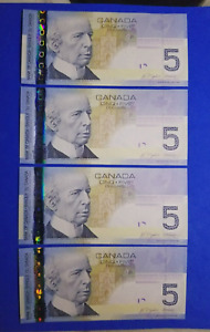 PREMIÈRE ÉDITION 2006 billet de 5 $ série voyage de la Banque du Canada, lot de 4 pièces