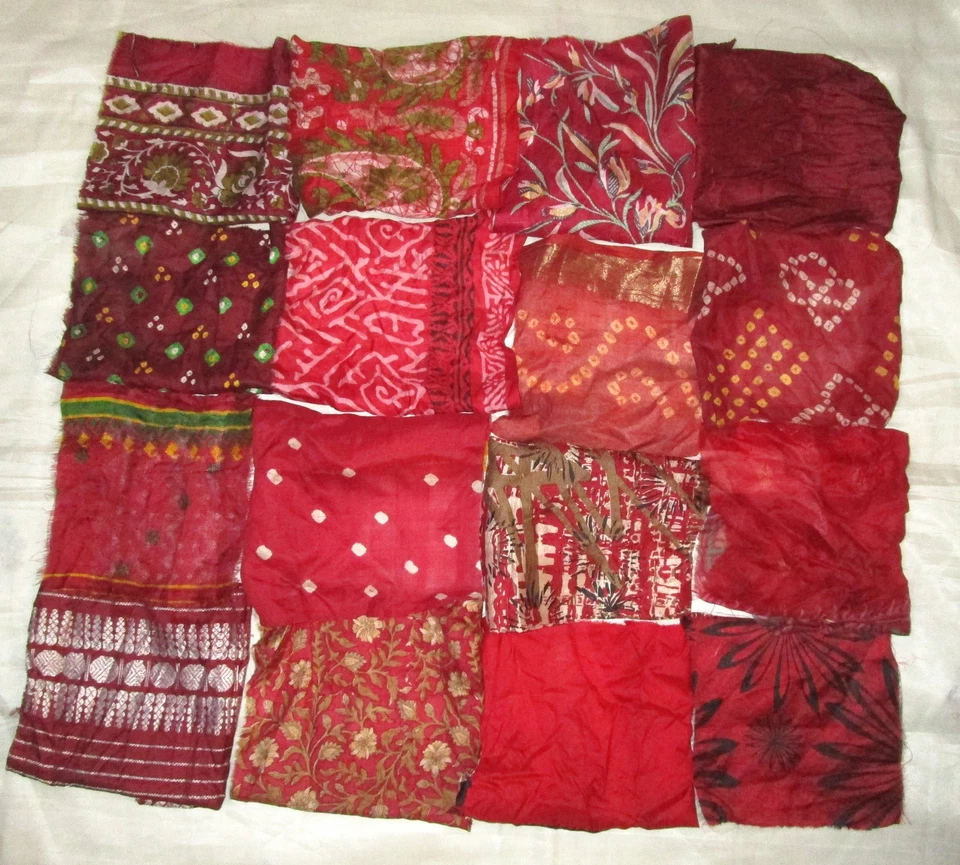 LOT PURE SILK Antique Vintage Sari Fabrics REMNANT 5"(20 pc) / 8"(16 pc) SQUARES - Image 1 of 1