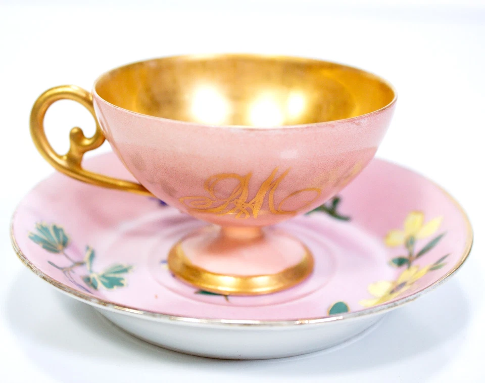 Antigua taza y platillo de porcelana dorada rosa y rosa del siglo XIX austriaca VIENA REAL Foto 1 de 4