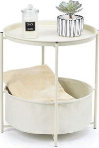 KINGRACK Cream Round Side Table with Tray & Basket – Scandi Metal End Table - Picture 1 of 5
