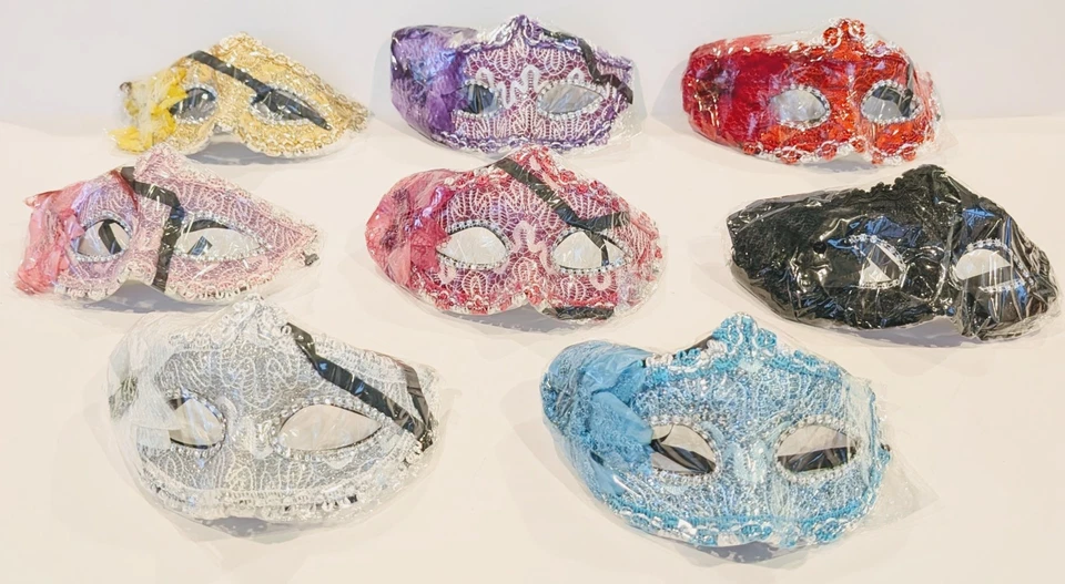 Set/8 Masquerade Masks w/Feathers Party Prom Mardi Gras Halloween Rhinestones - Image 1 of 4