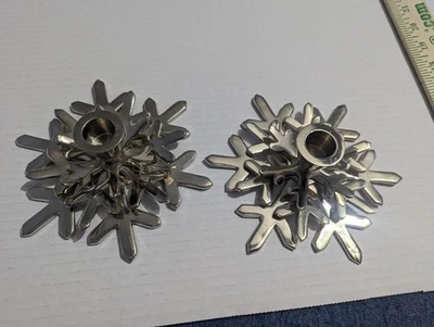 Crate & Barrel Silver Shiny Snowflake Taper Candle Holders Set Of Two - Image 1 of 4