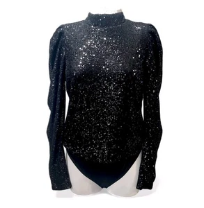 Body Rachel Zoe Negro Lentejuelas Manga Larga Abullonada Espalda Abierta Mujer Mediano Nuevo - Imagen 1 de 10