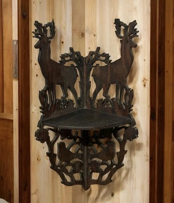VTG Black Forest Style Corner Wall Shelf Hand Made Deer Stag Rustic Farmhouse - Image 1 of 4