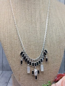 Signed Napier Baguette MOP Rhinestone Necklace Black and White 18" Silver Tone - Picture 1 of 7