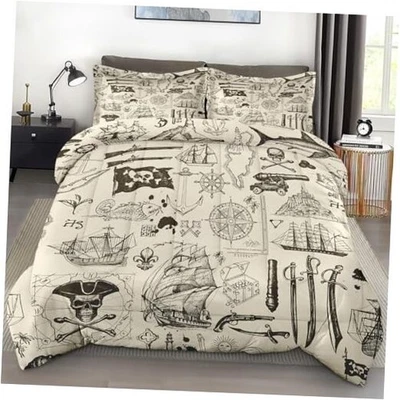 Juego de edredón tamaño, pirata vintage calavera suave 3 piezas reina pirata velero Foto 1 de 4